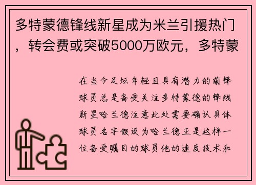 多特蒙德锋线新星成为米兰引援热门，转会费或突破5000万欧元，多特蒙德 国际米兰