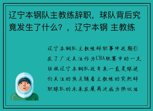辽宁本钢队主教练辞职，球队背后究竟发生了什么？，辽宁本钢 主教练