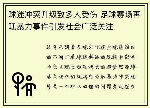 球迷冲突升级致多人受伤 足球赛场再现暴力事件引发社会广泛关注