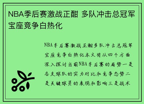 NBA季后赛激战正酣 多队冲击总冠军宝座竞争白热化